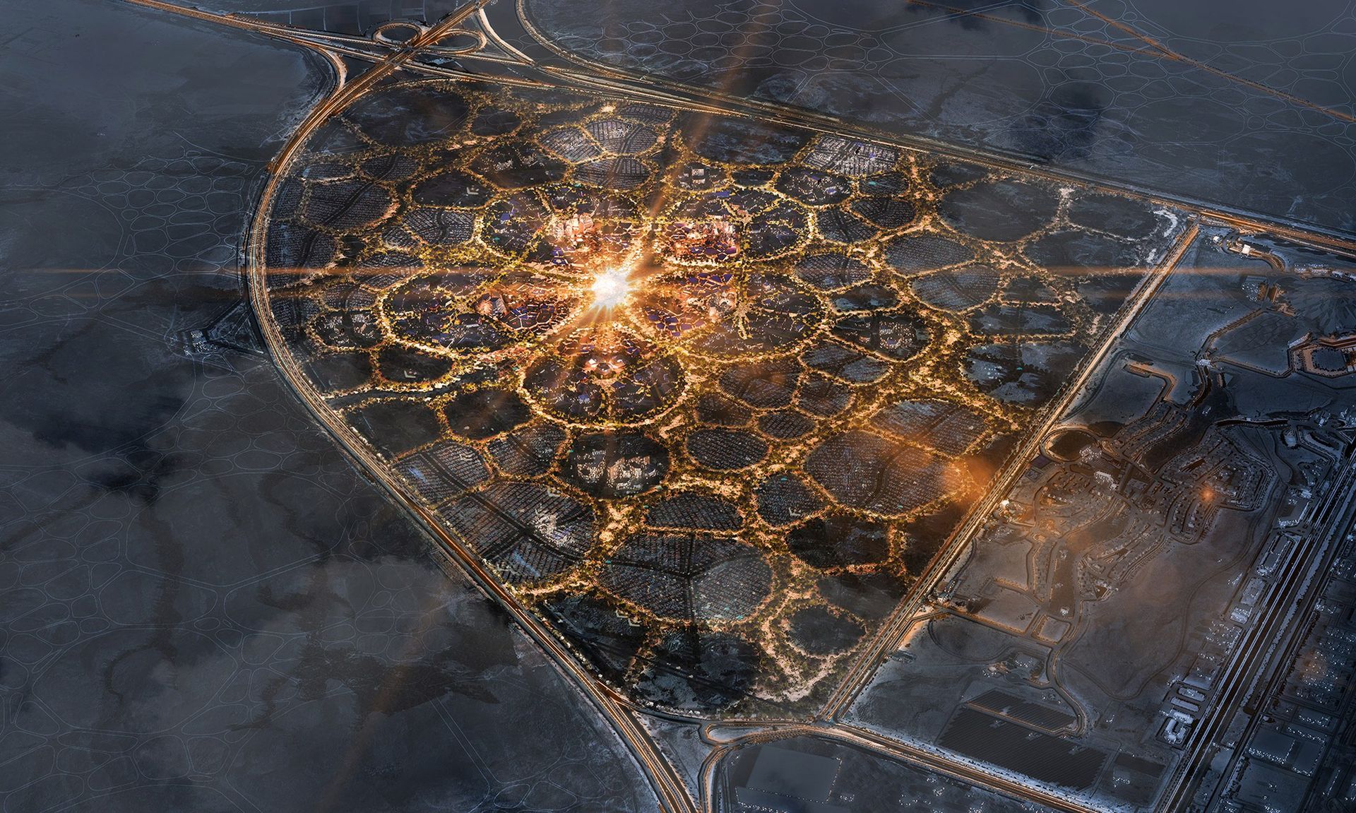 Riyadh World Expo 2030 Masterplan — aerial night view