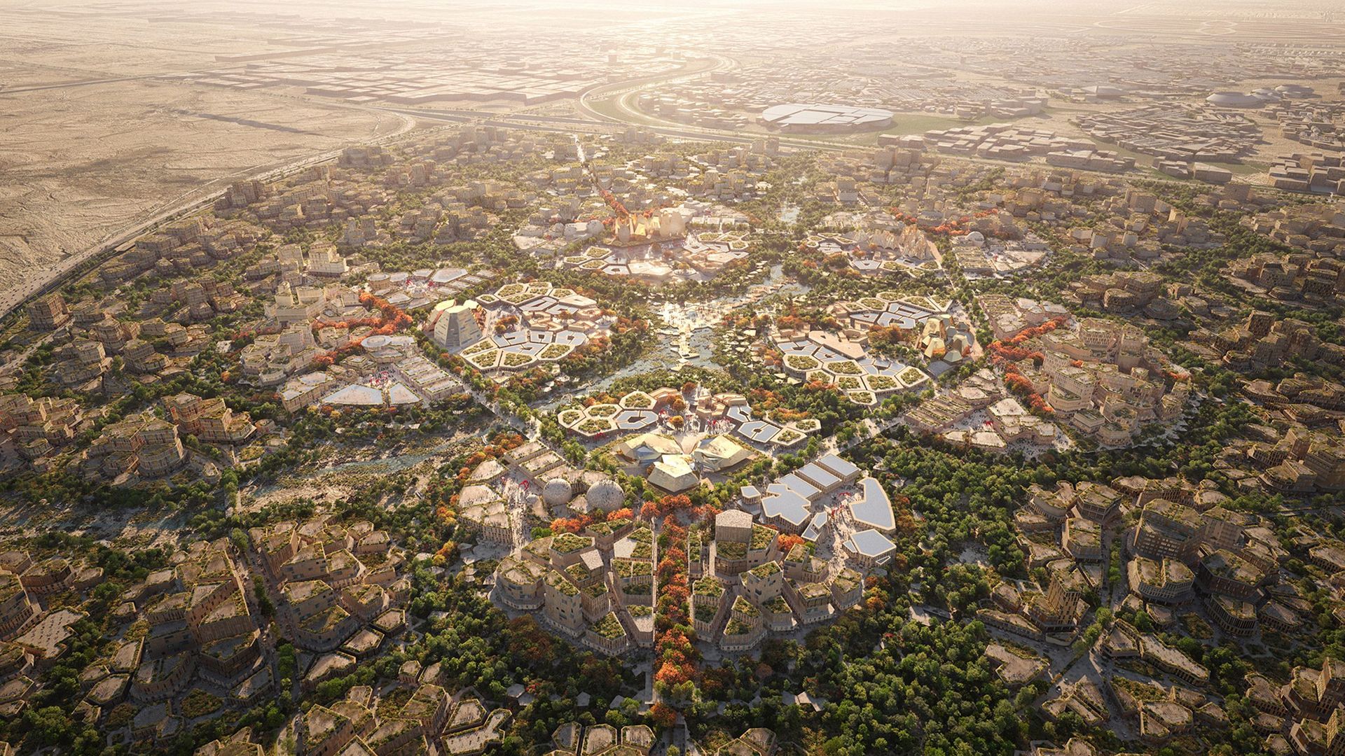 Riyadh World Expo 2030 Masterplan — desert context aerial view