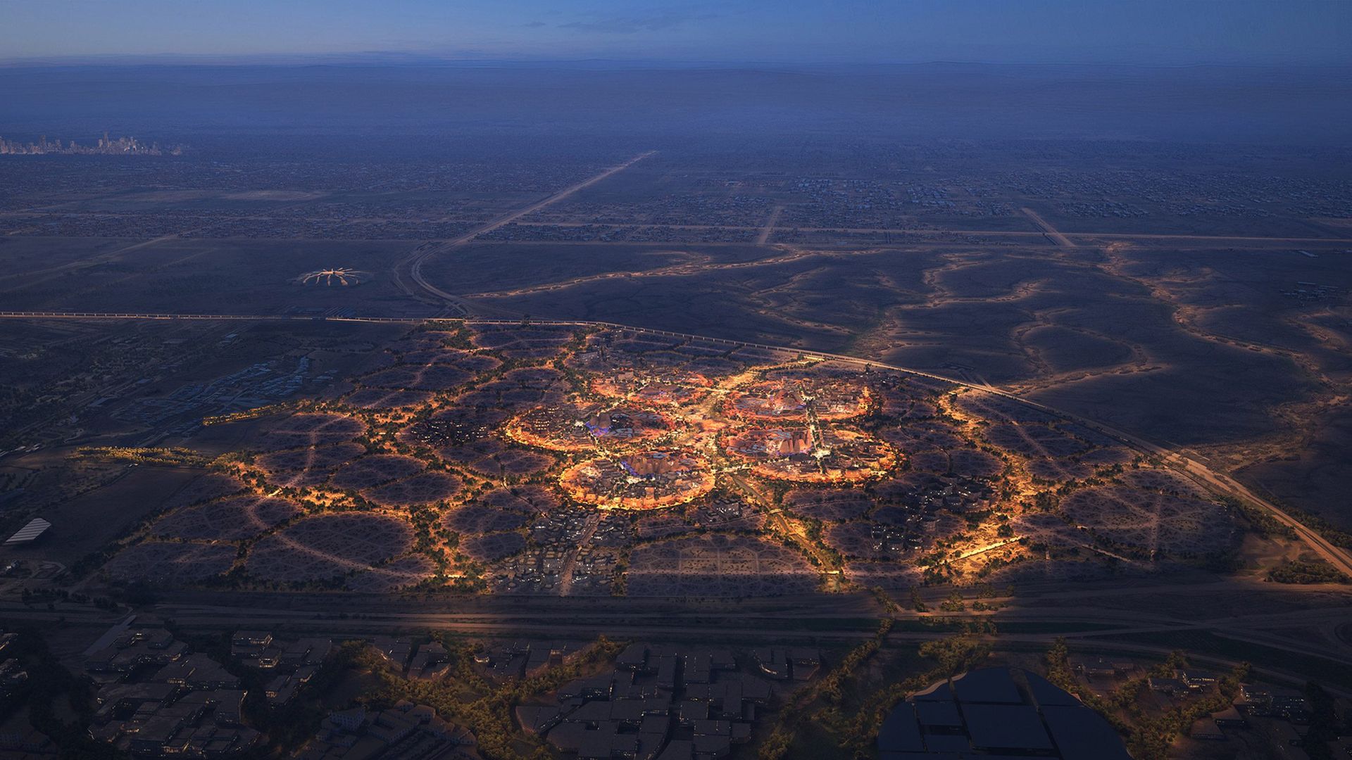 Riyadh World Expo 2030 Masterplan — dusk aerial view